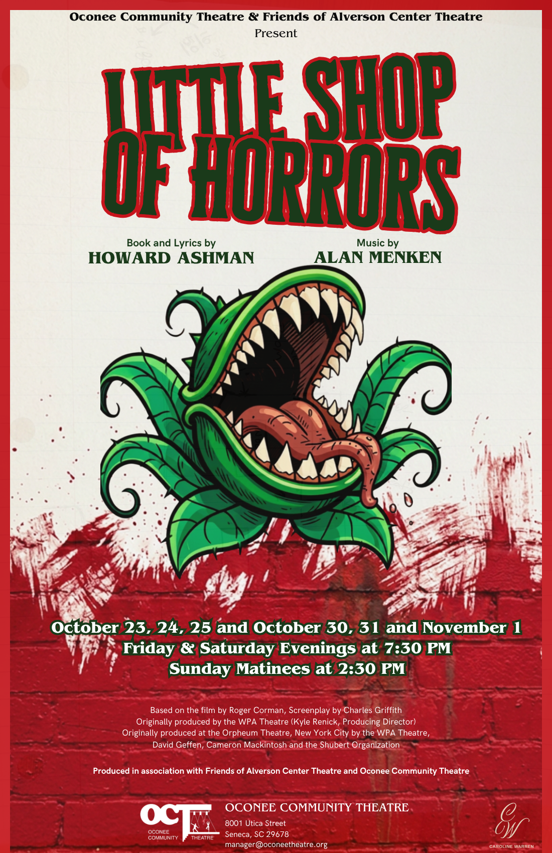 Little Shop of Horrors poster, October 23 to November 1 at Oconee Community Theatre